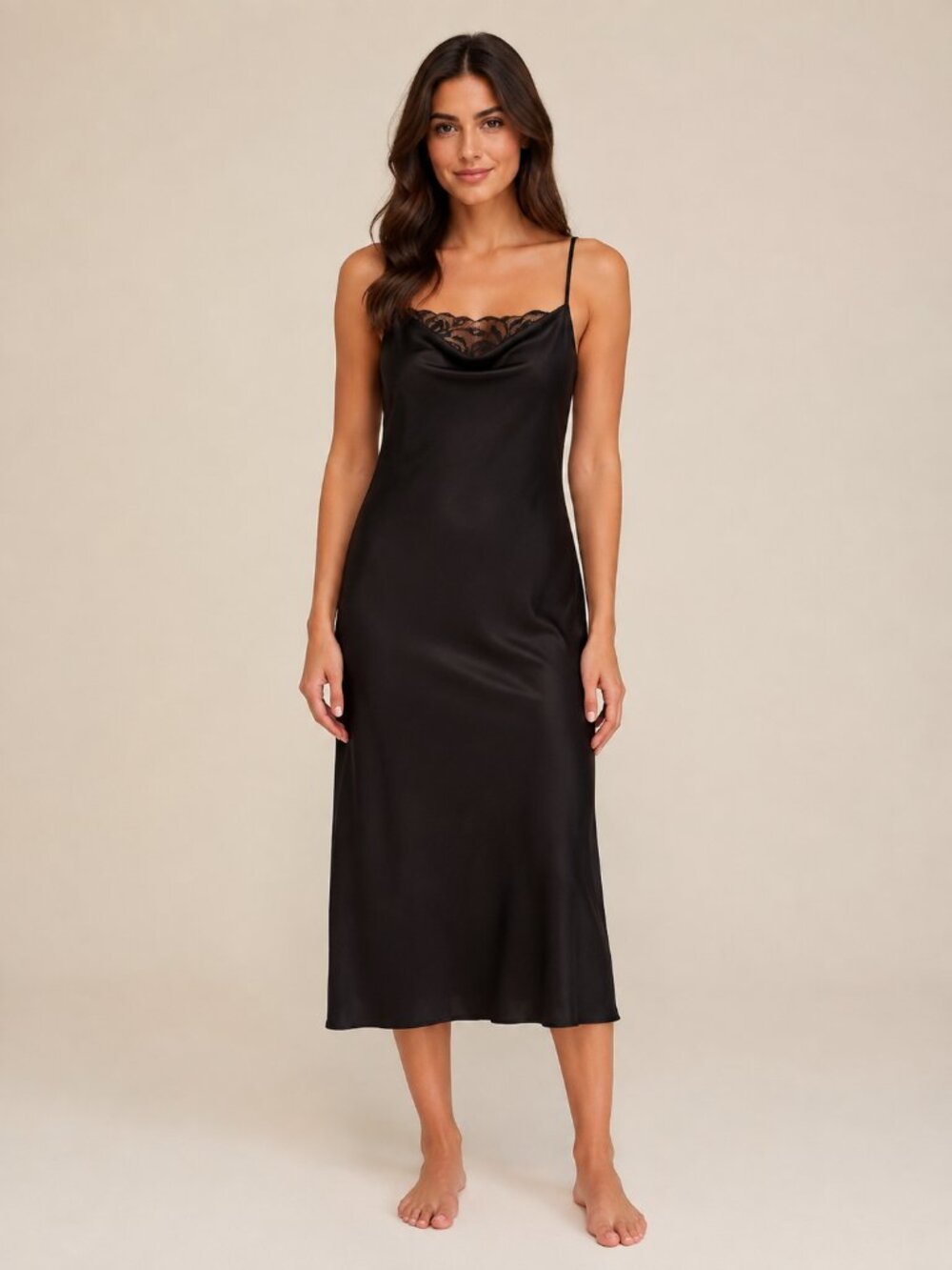 La Vie En Rose Satin Midi Slip Nightgown Dress Lace Rose Black Size Large - Picture 2 of 6